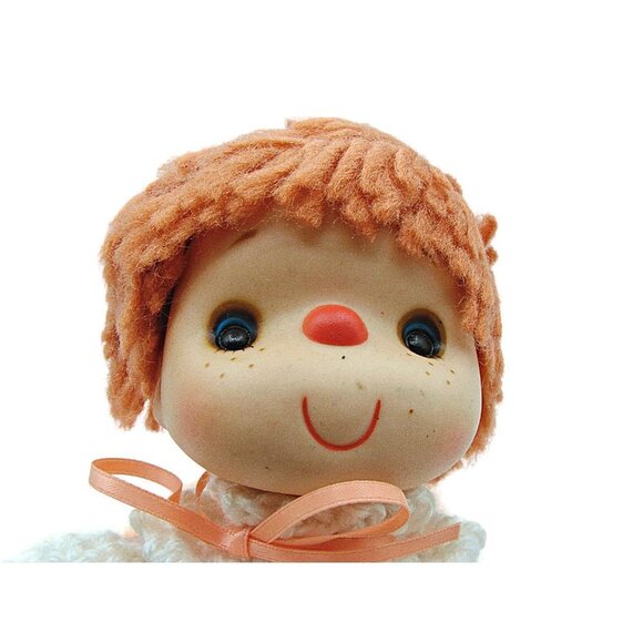 Vintage 1960s Red Hair Peach Dress Bottom Closes Hand Crocheted Bed Pillow Doll - Picture 7 of 12